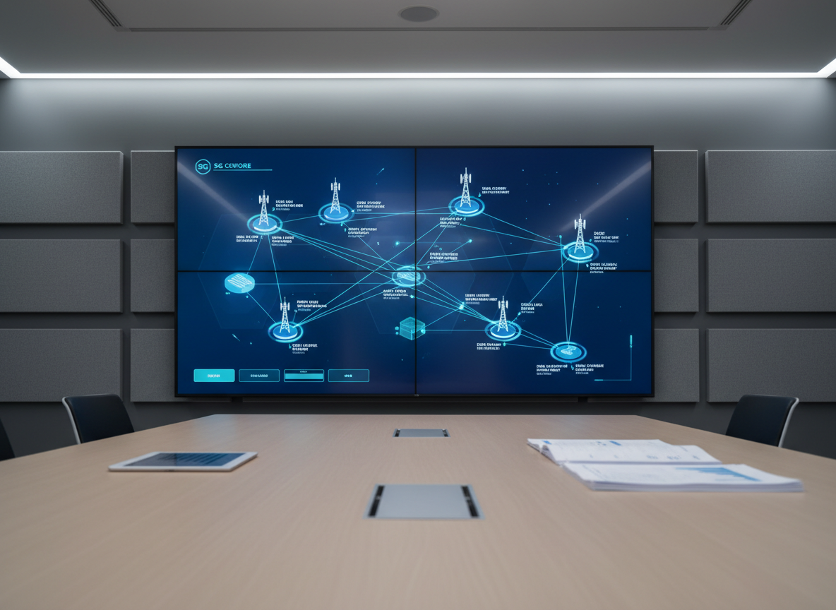 A close-up of a detailed telecom network topology diagram on a large, wall-mounted digital display, showing interconnected cell towers, data centers, and core network nodes linked by glowing lines. The diagram uses a professional color palette of deep blues, teals, and white accents. In front of the screen, a minimalist conference table holds a slim tablet and a stack of neatly arranged technical documents. The room is a modern meeting space with matte gray walls and subtle acoustic panels. Soft, indirect LED strip lighting along the ceiling casts an even, glare-free glow. Photographic realism with an eye-level composition, slightly off-center framing, and shallow depth of field, creating a focused, analytical mood ideal for illustrating telecom planning and staffing strategy sessions.