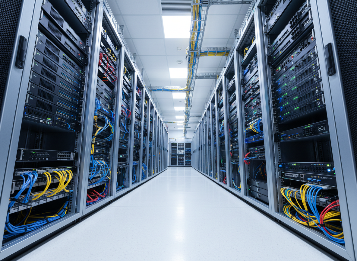 A row of tall, modern server racks filled with meticulously arranged telecom equipment, blinking status lights, and labeled patch panels, extending into the distance of a pristine data center corridor. The polished white floor reflects the cool blue and green LED indicators, while neatly structured bundles of color-coded cables run along overhead trays. Soft, diffused ceiling lighting provides consistent illumination without harsh shadows, emphasizing order and reliability. Captured from a low, slightly angled perspective to create depth and scale, with crisp focus throughout. The photographic scene feels professional and highly organized, perfectly representing robust infrastructure environments where specialized IT staffing for telecom networks is essential.